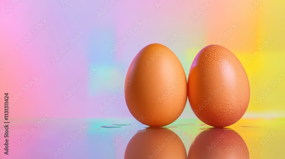 Poster pair of brown eggs on a vibrant colorful background with reflection on a glossy table surface creati