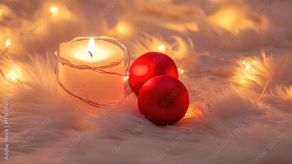 Poster warm festive setup with illuminated string lights candle and red ornaments on soft white fur for hol