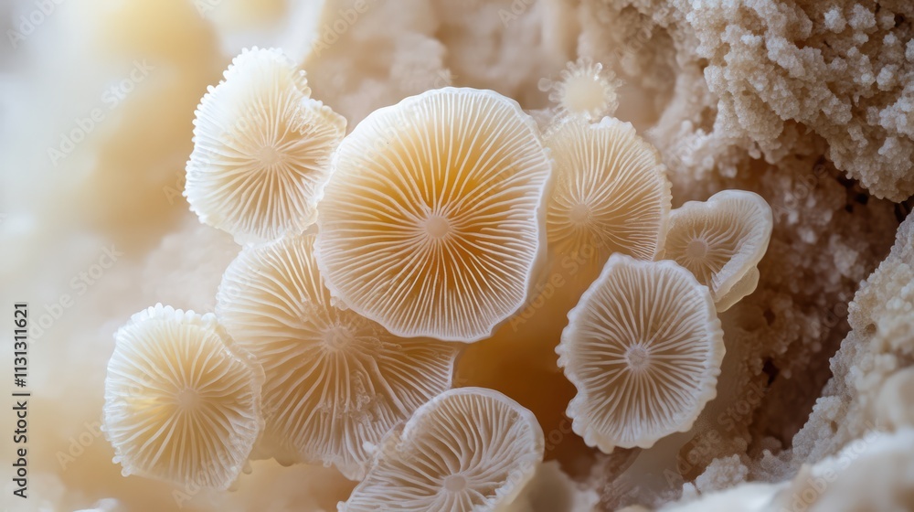 Poster macro shot of delicate small mushrooms showcasing intricate gill patterns on a soft blurred backgrou