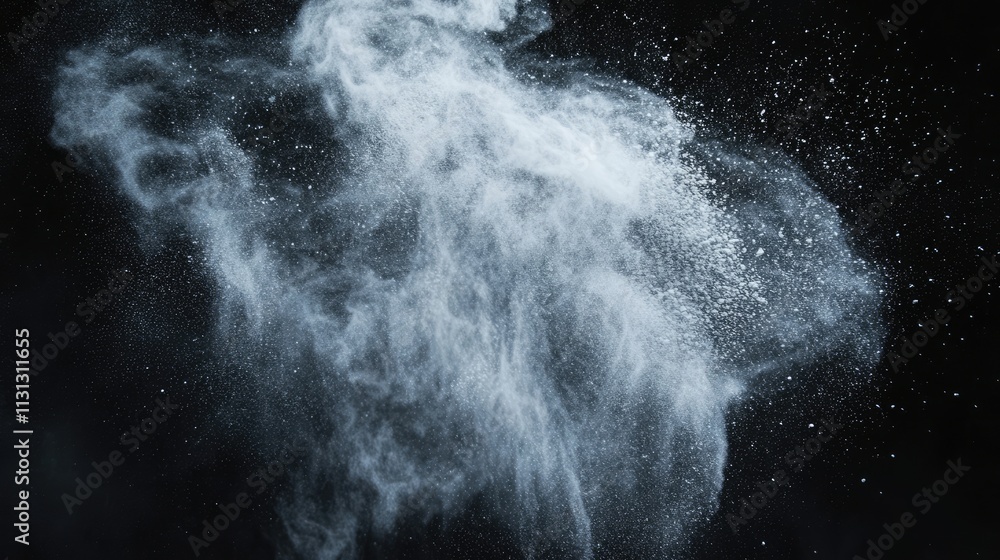 Poster abstract design of colorful powder particles falling against a dark background creating a dynamic mo