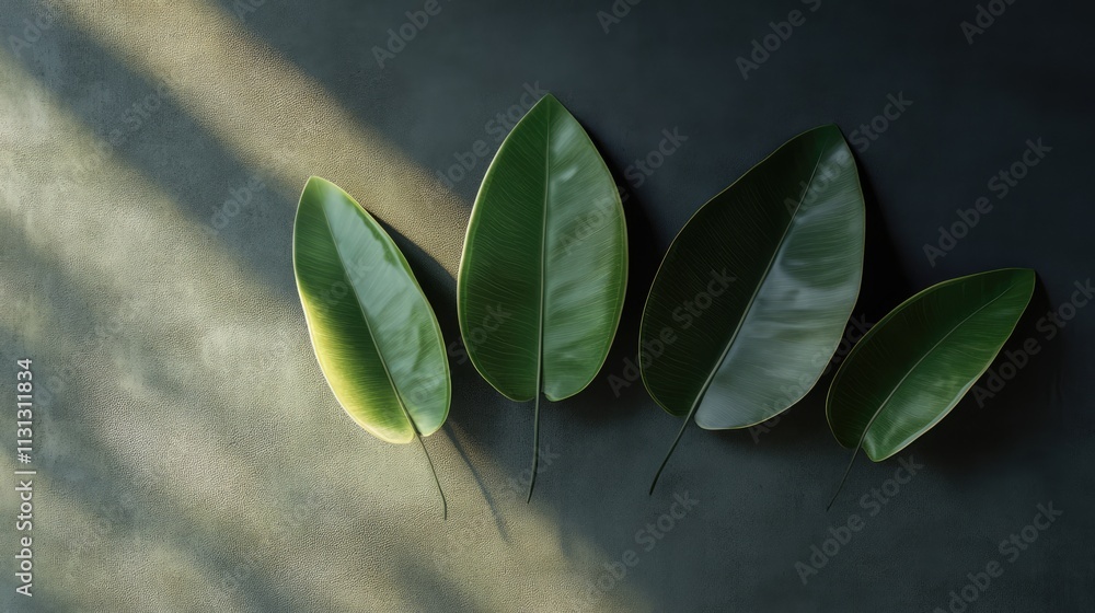 Poster Green leaves with soft natural light on a dark background creating a serene and calming atmosphere for nature-themed designs.