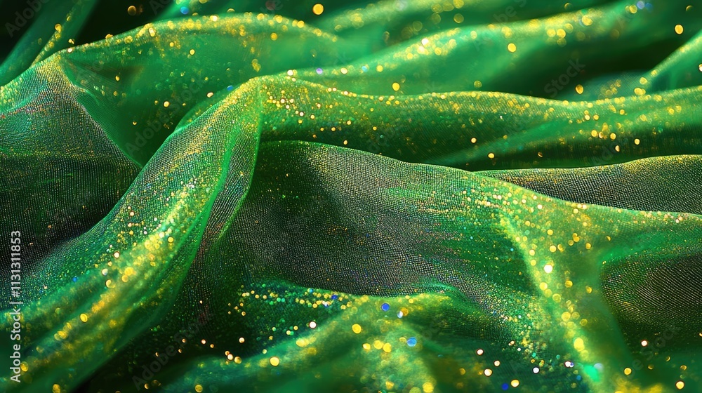 Poster sparkling green mesh fabric with glittering threads for elegant decorative designs and rich textures