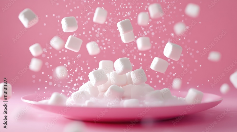 Poster Falling marshmallows on a pink background creating a delightful dessert scene with a plate of fluffy sweets and sugar dust.