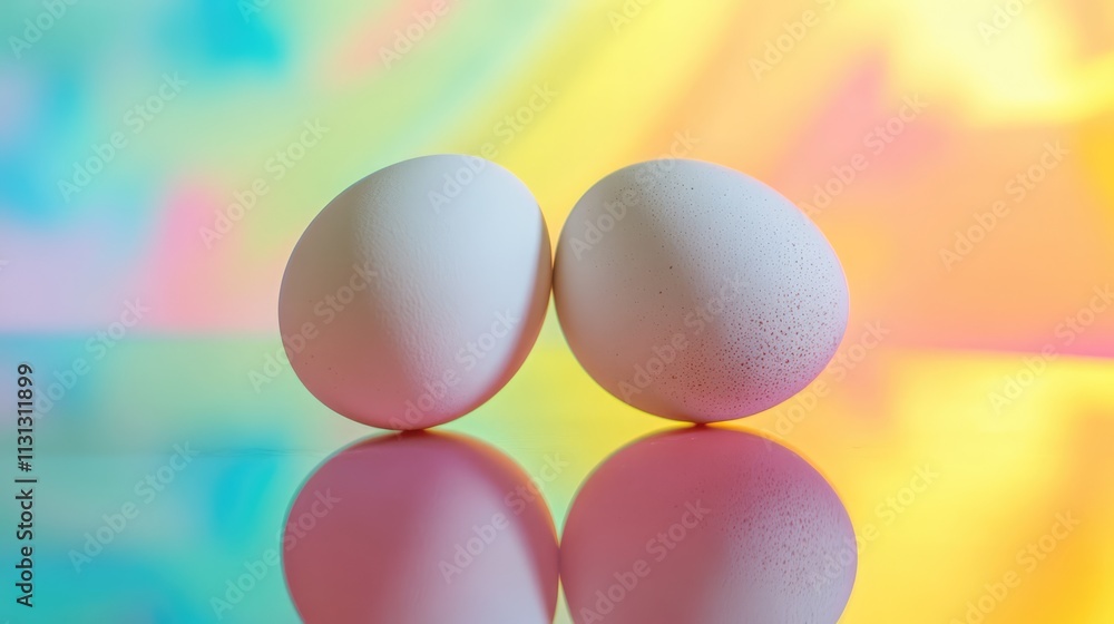 Poster Two white eggs against a vibrant colorful background with reflections on a smooth table surface creating a visually appealing composition