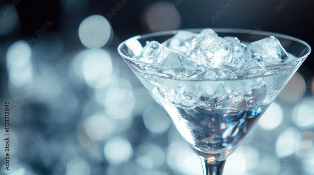 Poster chilled martini glass filled with ice cubes creating a refreshing and enticing beverage presentation