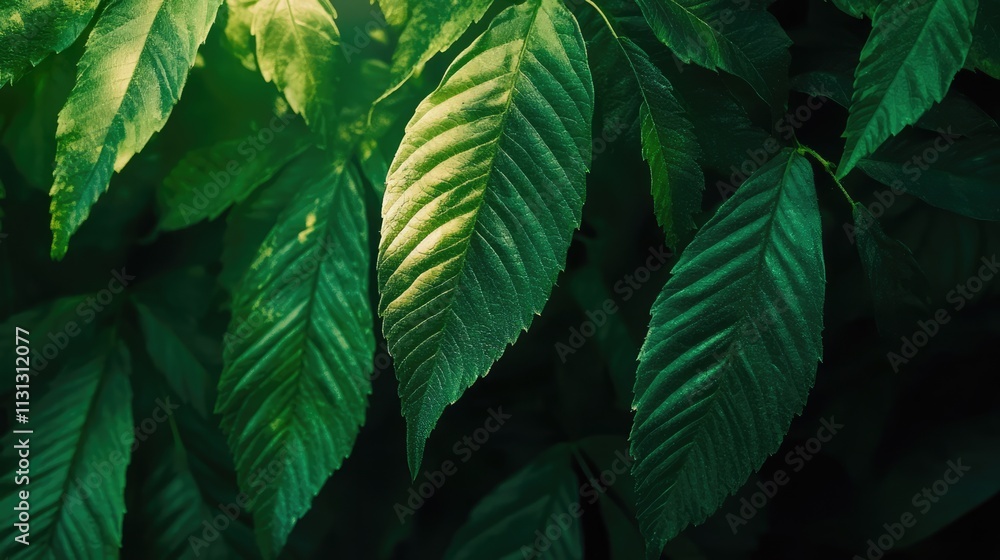 Poster lush green foliage with sunlight filtering through leaves creating an abstract natural pattern perfe