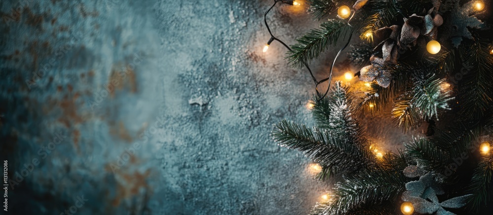 Poster garland decorated with glowing lights and ornaments with a vintage wall background creating a cozy w
