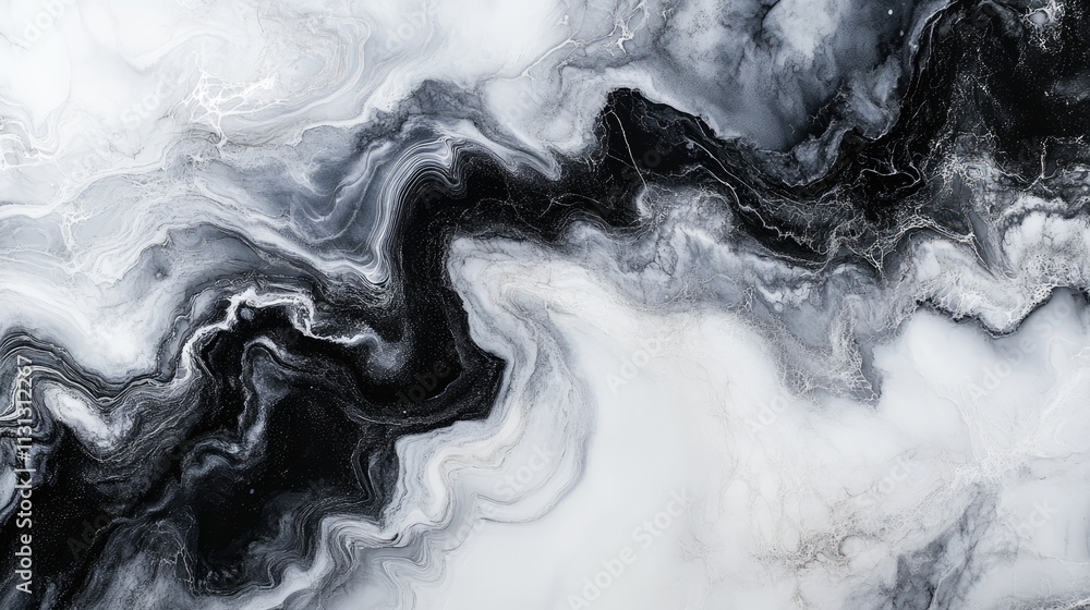 Poster Marble ink abstract artwork in black and white high resolution photograph showcasing smooth marbling pattern on textured paper background