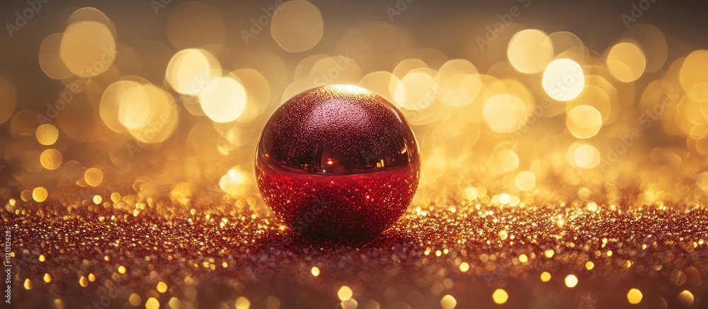 Poster red glitter ball with glossy finish on a shimmering golden backdrop creating a festive and elegant a