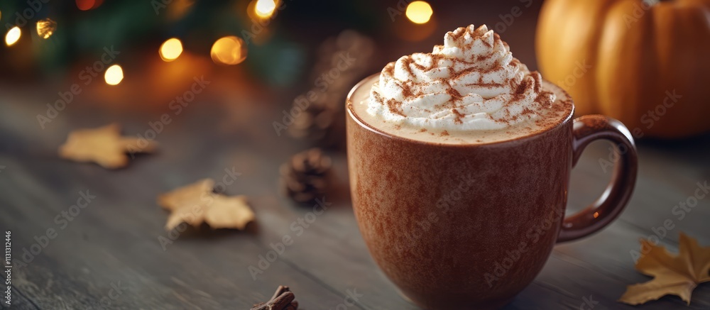Poster Cozy pumpkin spice latte placed in a vintage setting with festive lights and autumn leaves creating a warm and inviting mood
