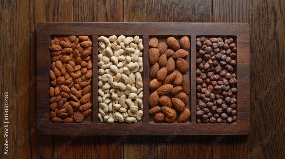Poster arrangement of assorted nuts displayed on a wooden platter against a rustic wooden background