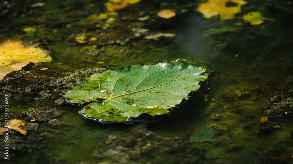 Poster green leaf floating on calm water surface surrounded by natural elements in a serene spring environm