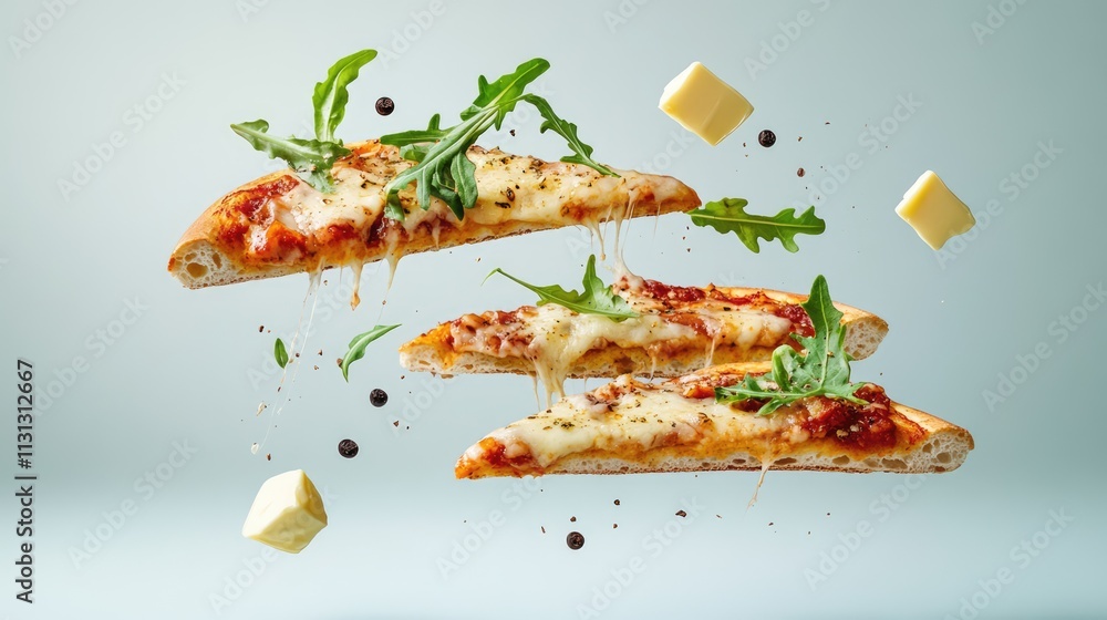 Poster levitating pizza slices with arugula and butter creating a dynamic culinary visual on a light backgr