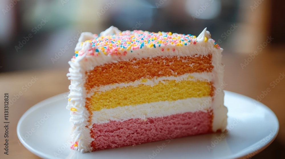 Poster Close up of a colorful layered cake with frosting and sprinkles on a white plate against a softly blurred background