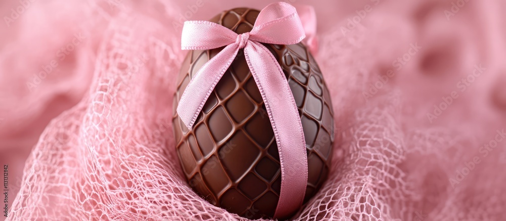 Aufkleber Chocolate Easter egg elegantly wrapped in pink netting and adorned with a delicate pink ribbon creating a festive and appealing presentation