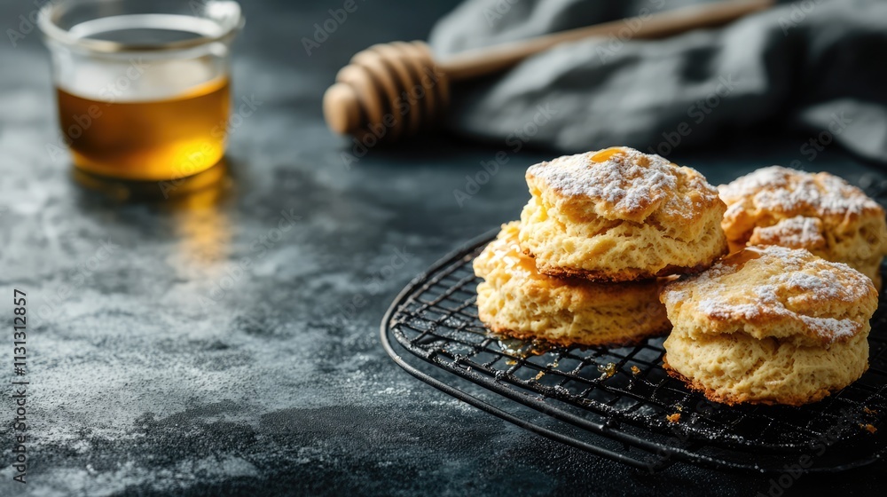 Poster homemade sweet scones with honey on a cooling rack against a dark background with space for text and