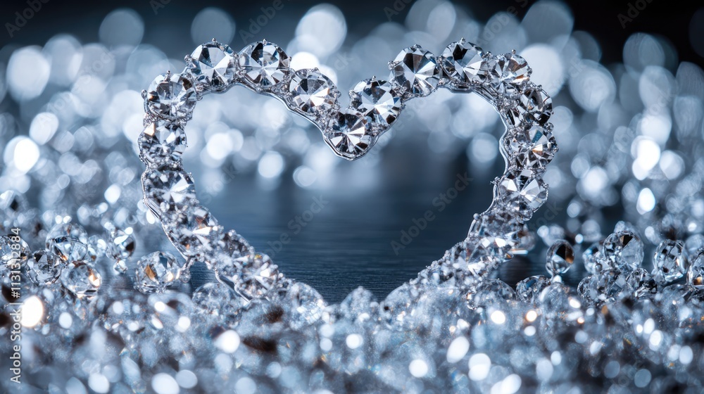 Poster diamond heart shape on sparkling background for celebration and romantic themes with reflective boke