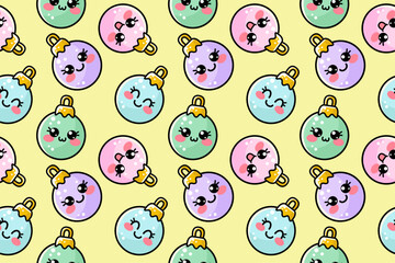 Seamless pattern with vector outline cute kawaii Christmas tree balls on yellow background for kids, baby, children