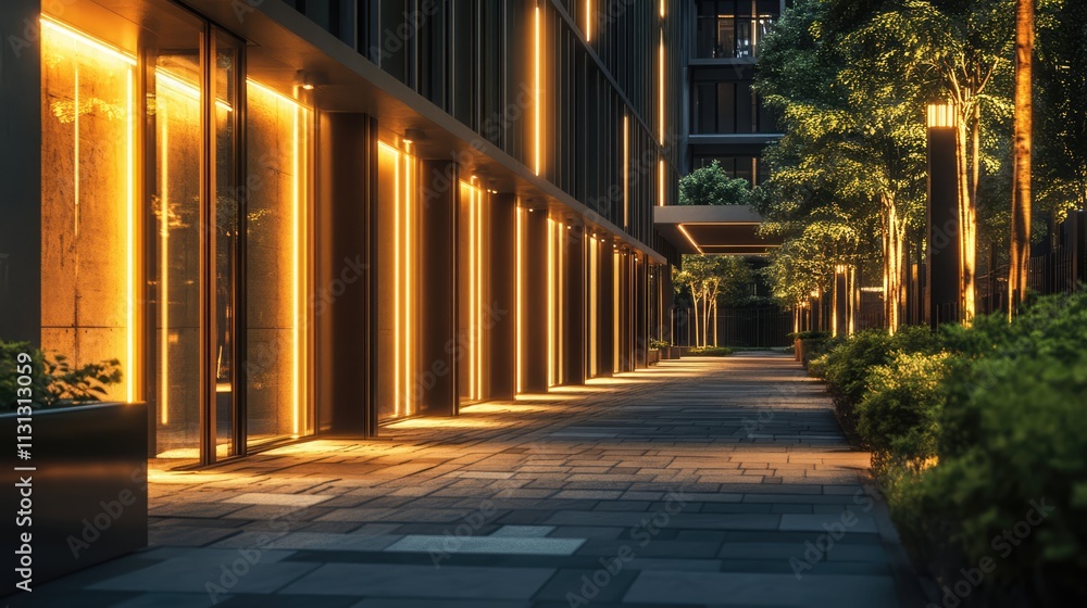 Poster modern illuminated building exterior with warm lighting along a serene footpath surrounded by greene