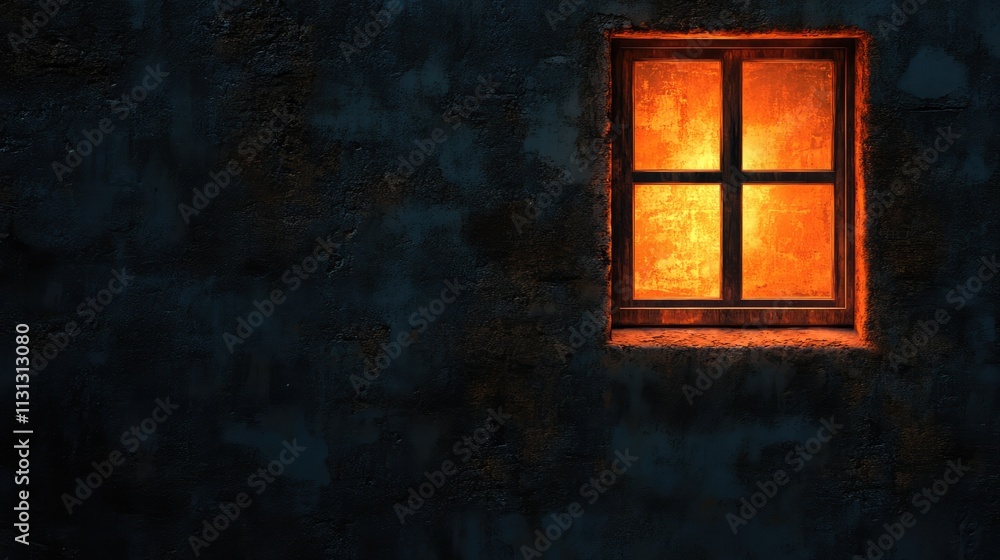 Poster illuminated vintage window on a weathered wall casting a warm glow with empty space for additional t