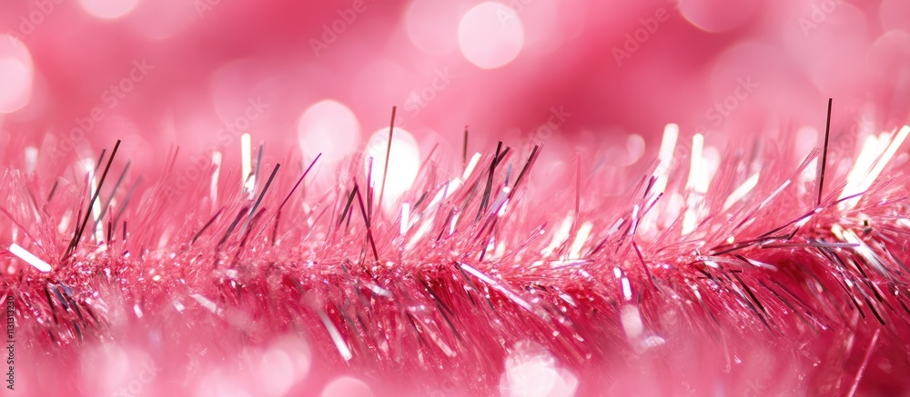 Poster Close-up of vibrant pink tinsel with sparkling highlights creating a festive and colorful background suitable for holiday themes.
