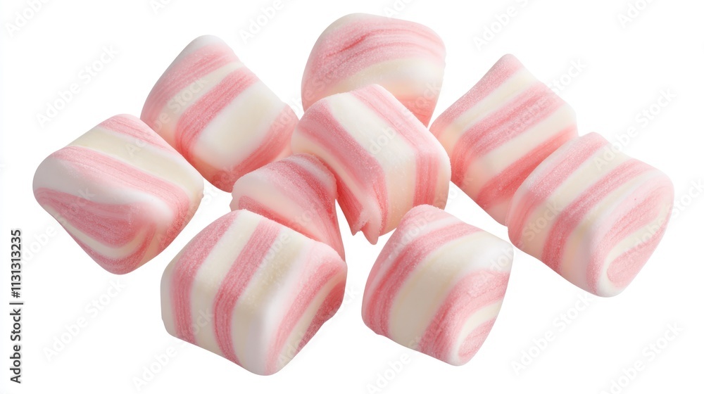 Poster pink and white marshmallow candies arranged diagonally with isolated overhead view showcasing their 
