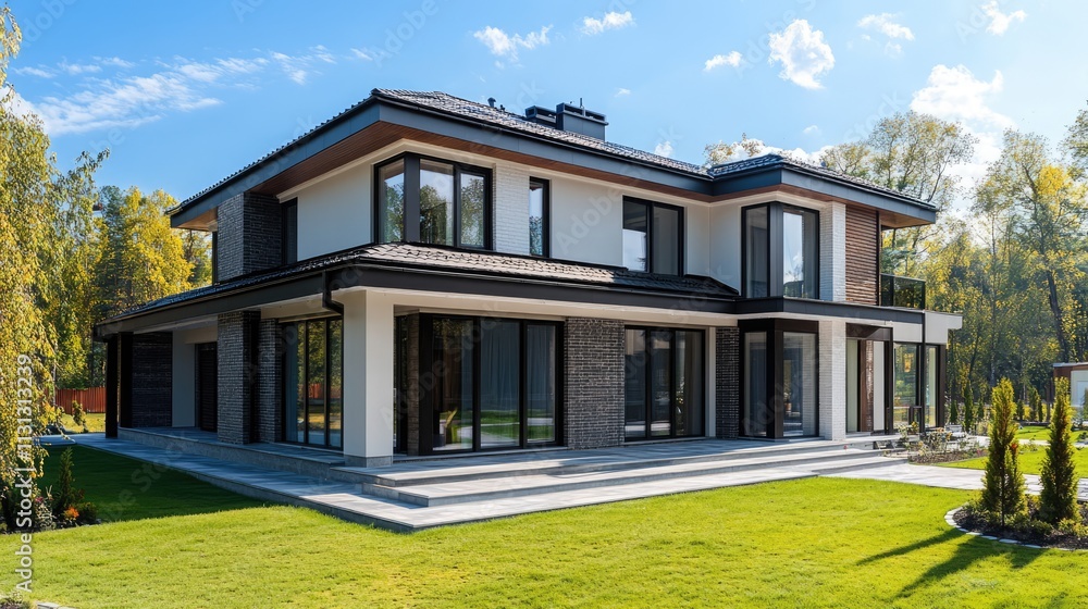 Poster modern residential architecture featuring large windows and a stylish exterior design surrounded by 