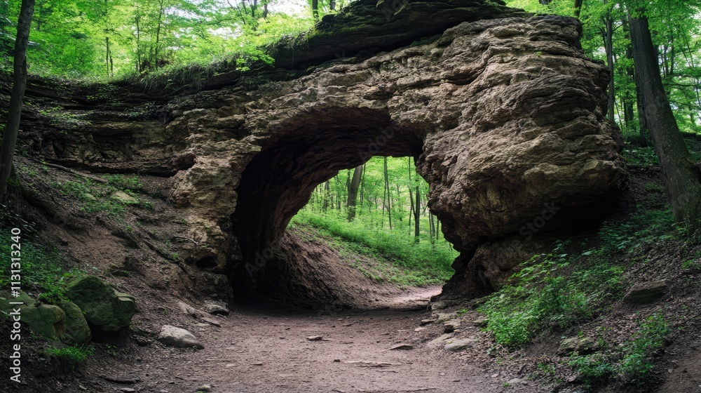 Poster natural rock archway surrounded by lush green forest pathway in tranquil wilderness setting