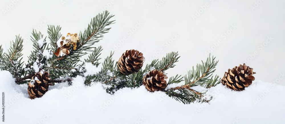 Poster fir branch with pine cones and festive decorations on a snowy background creating a winter wonderlan