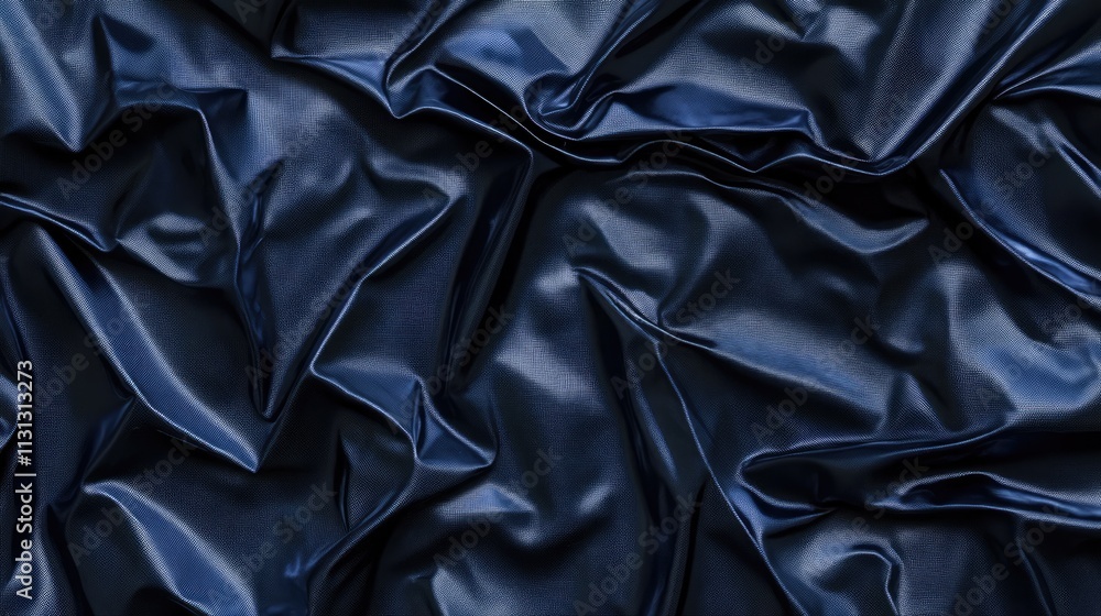 Poster textured glossy dark blue fabric close-up showcasing uneven surface folds and creases for background