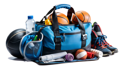 Sports bag with sports equipment isolated on white background.AI GENERATED