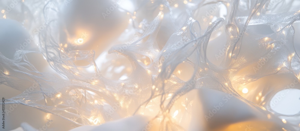 Poster illuminated macro shot of a white artificial tree entwined with warm white lights creating a cozy an