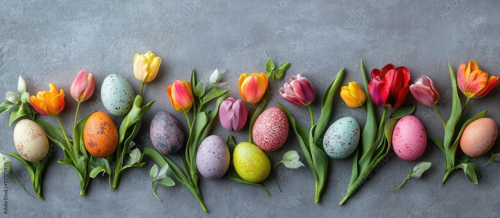 Poster easter eggs and colorful tulips arranged in a flat lay on a textured grey background for springtime 