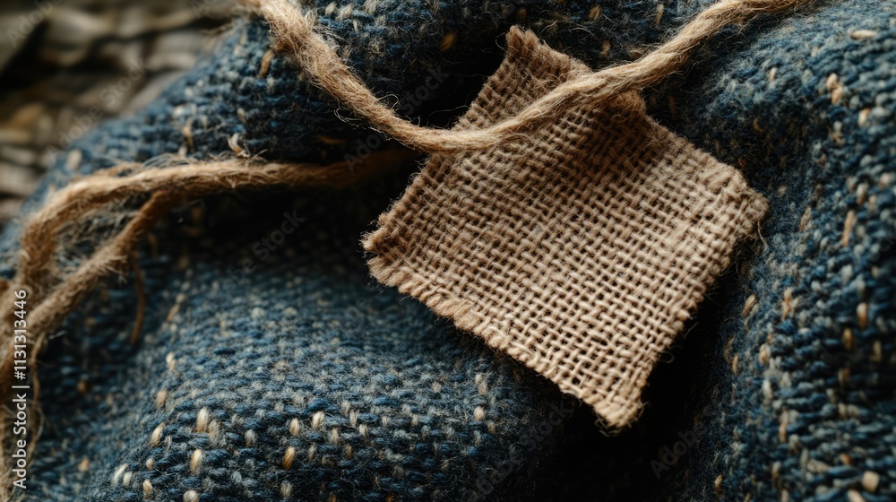 Poster textured fabric background with a rustic label showcasing fabric composition details and natural twi