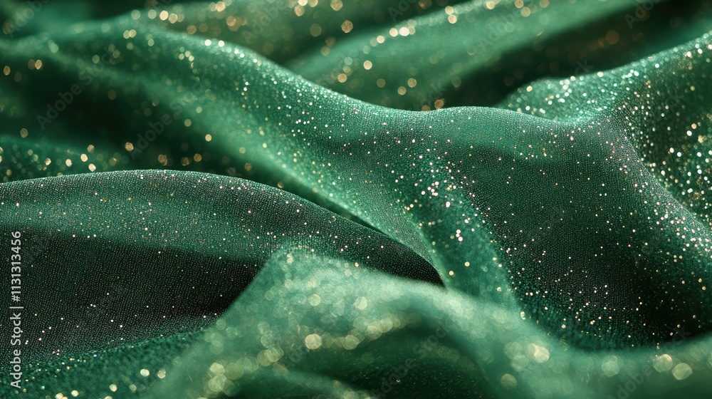 Poster Glittering green mesh fabric with sparkling threads enhancing vibrant textures for elegant decor and design projects.