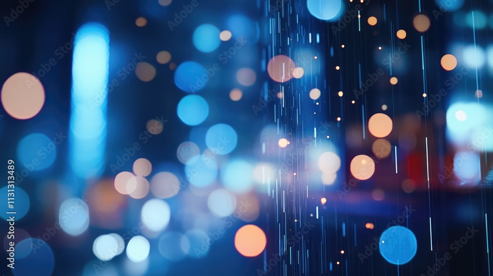 Poster night city scene with glowing bokeh and abstract digital network overlay for technology and connecti