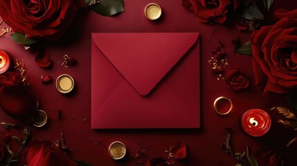 Elegant red wedding envelope surrounded by roses candles and golden rings on a luxurious red background for romantic invitations and events
