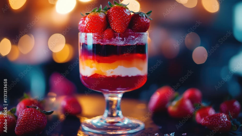 Poster colorful layered jelly dessert topped with fresh strawberries in a glass on a rustic wooden table wi