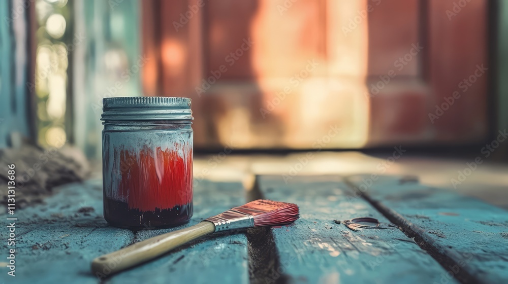 Poster natural water tint in a jar with a paint brush resting on a sanded wooden surface beside a rustic do