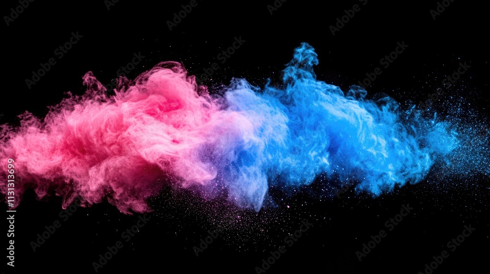 Poster colorful powder explosion in blue and pink hues creating a dynamic abstract background with a myster