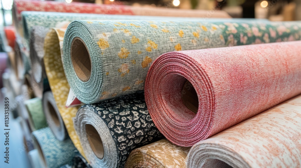 Poster colorful textile rolls showcasing various patterns and textures in a vibrant fabric shop display