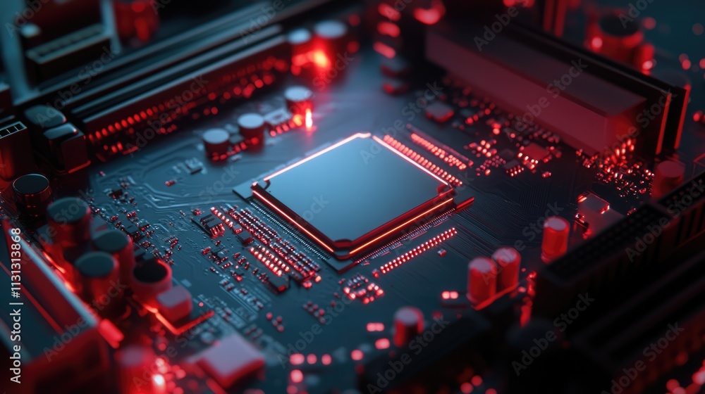 Poster cpu socket and processor on motherboard highlighted with red tones showcasing advanced technology an