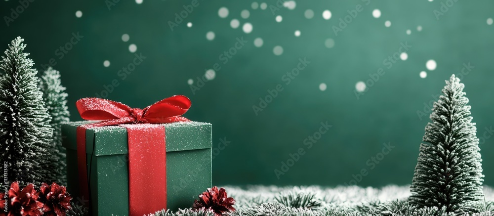 Poster christmas gift box surrounded by snow-dusted fir trees with a festive green background and soft boke