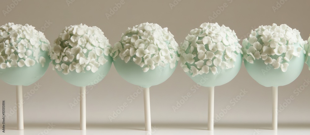Poster elegant mint cake pops decorated with delicate flower designs arranged in a row on a soft neutral ba