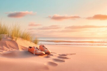 Obraz premium Relaxing moments abandoned shoes on serene beach at sunset nature scene tranquil viewpoint freedom concept