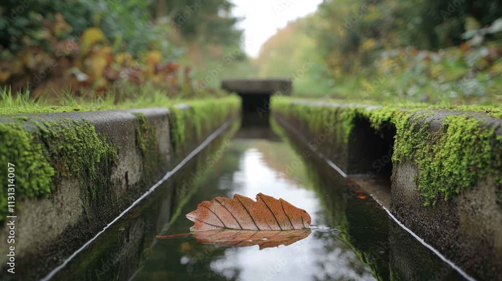 Poster Leaf resting on mossy canal water with crab grass framing the view of the serene concrete channel and lush greenery surrounding it.