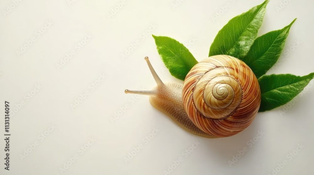 Poster garden snail resting on green leaves isolated on a white background showcasing nature's beauty and i