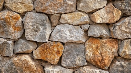 Fototapeta premium Rustic natural stone wall texture featuring various sizes of granite rocks in earthy tones ideal for architectural and design backgrounds