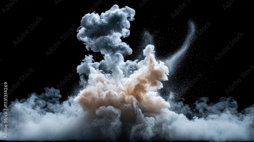 Poster colored dust explosion creating dramatic cloud formation against a black background showcasing the p