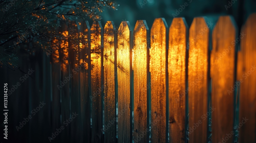 Poster Warm glow illuminating a wooden fence at dusk creating a tranquil and serene atmosphere in a natural setting